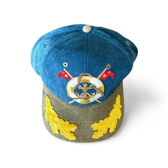 Women's Cap Sun Hat in Denim Blue & Khaki with Marine Sailor Embroidered Design - Picture 8 of 8